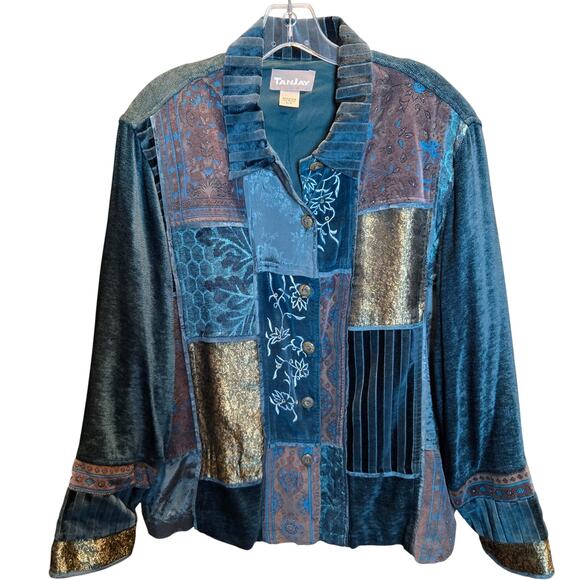 TanJay Large Blue Patch Work Women's Top Shirt Heavy Long Sleeves Misses L 12 14 - Picture 1 of 8